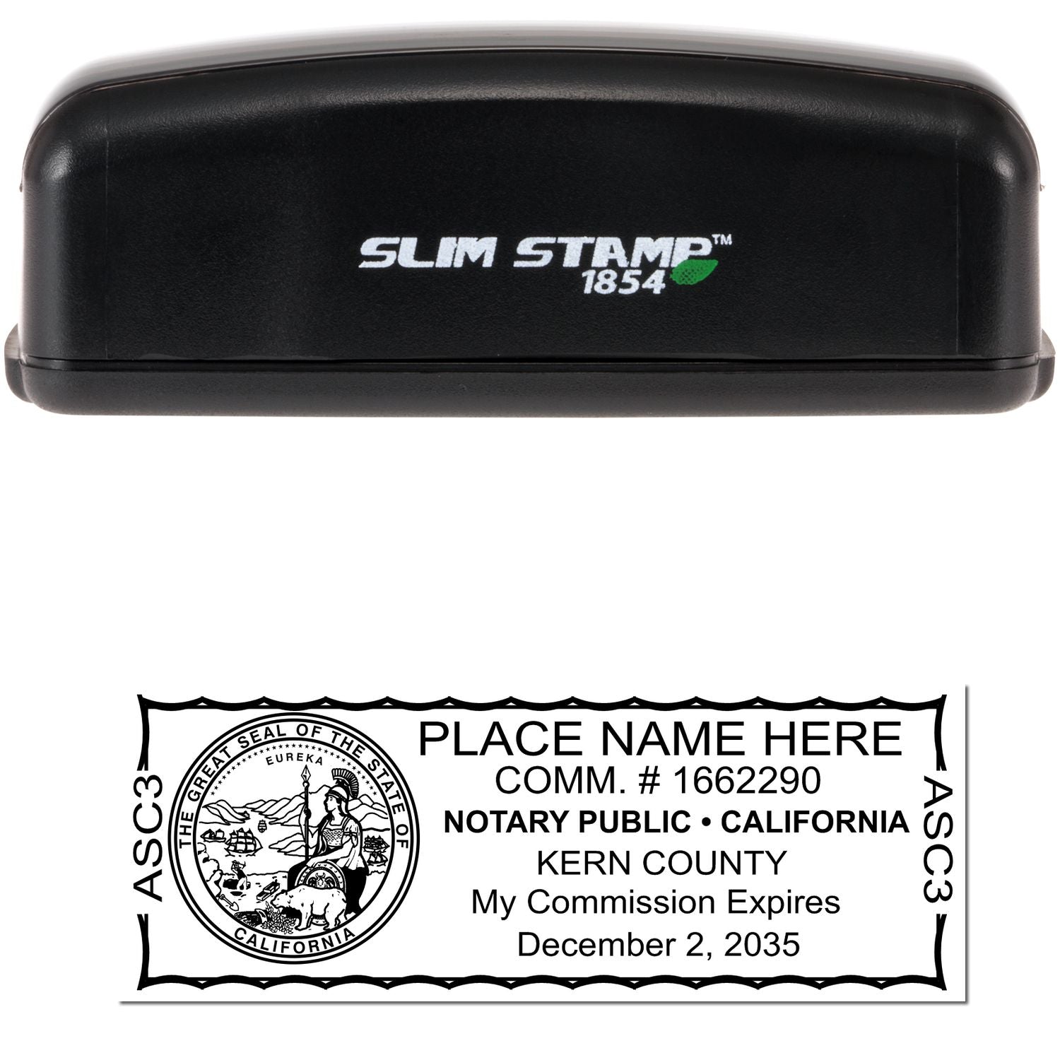 The main image for the Slim Pre-Inked State Seal Notary Stamp for California depicting a sample of the imprint and electronic files