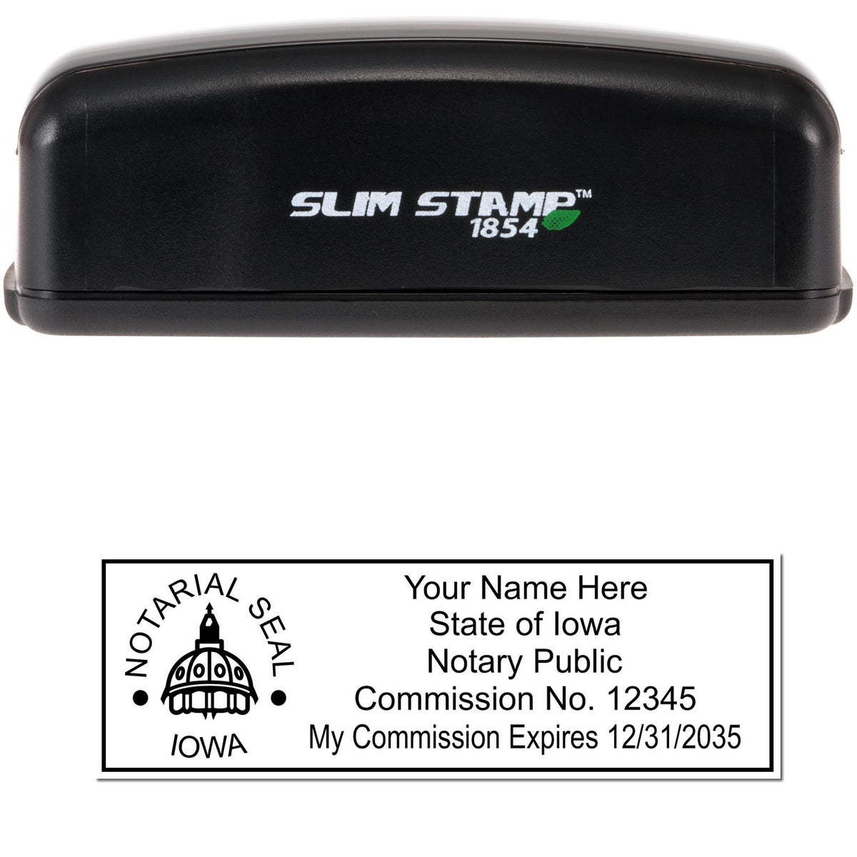 The main image for the Slim Pre-Inked State Seal Notary Stamp for Iowa depicting a sample of the imprint and electronic files