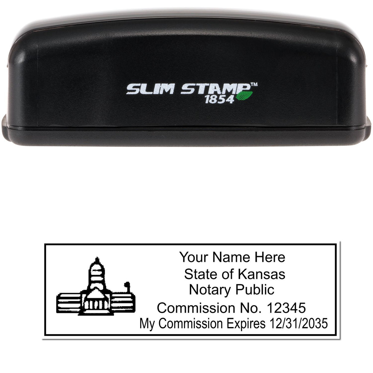 The main image for the Slim Pre-Inked State Seal Notary Stamp for Kansas depicting a sample of the imprint and electronic files