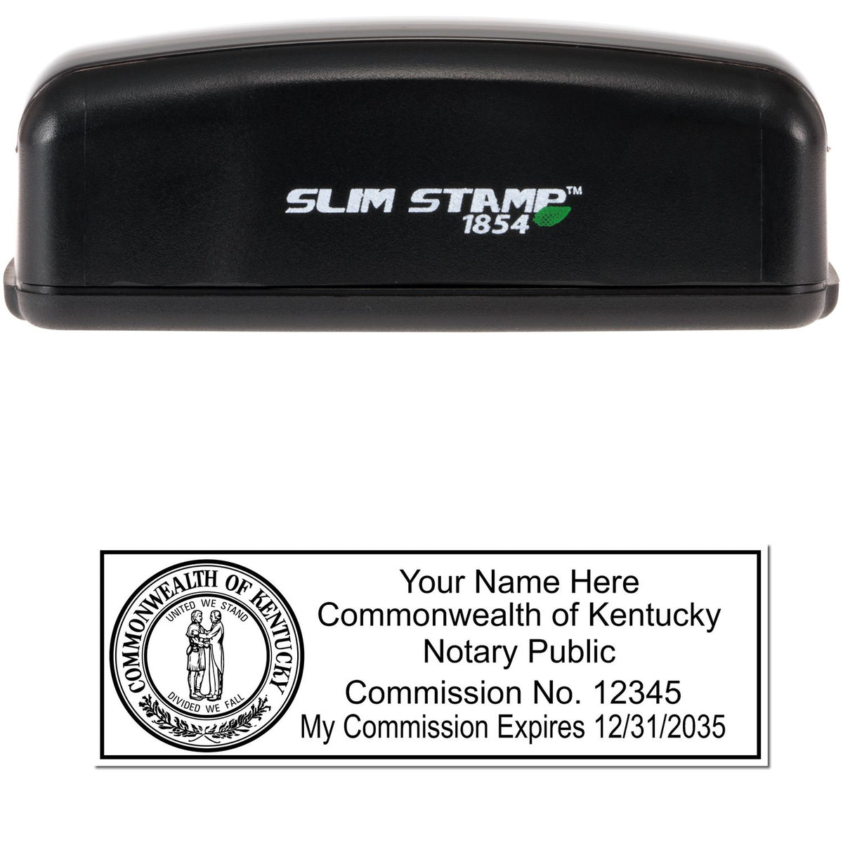The main image for the Slim Pre-Inked State Seal Notary Stamp for Kentucky depicting a sample of the imprint and electronic files