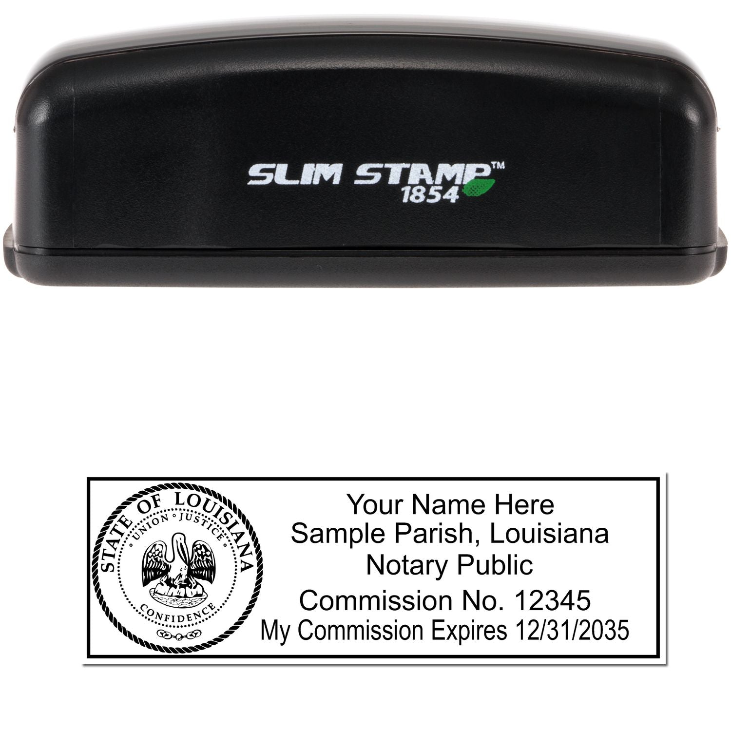 The main image for the Slim Pre-Inked State Seal Notary Stamp for Louisiana depicting a sample of the imprint and electronic files