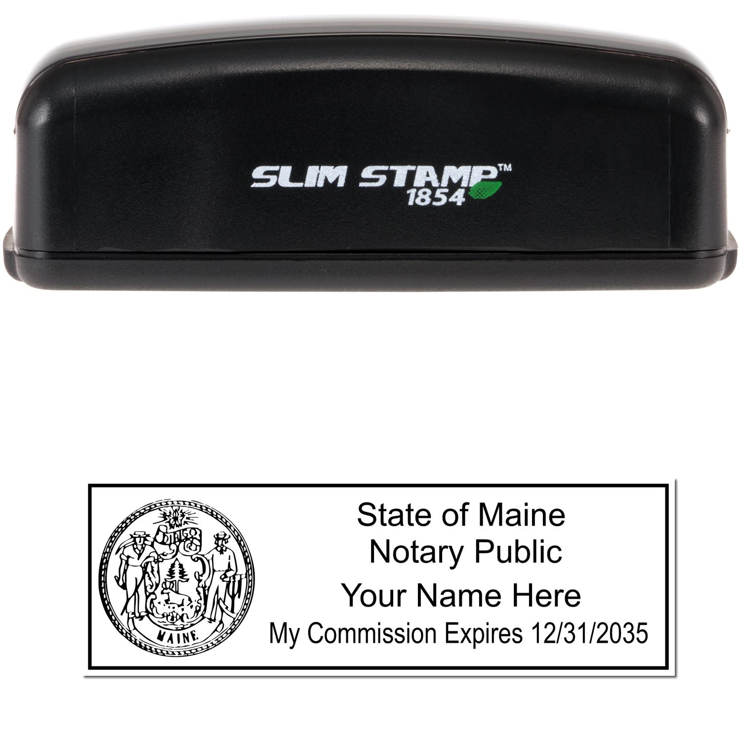 The main image for the Slim Pre-Inked State Seal Notary Stamp for Maine depicting a sample of the imprint and electronic files