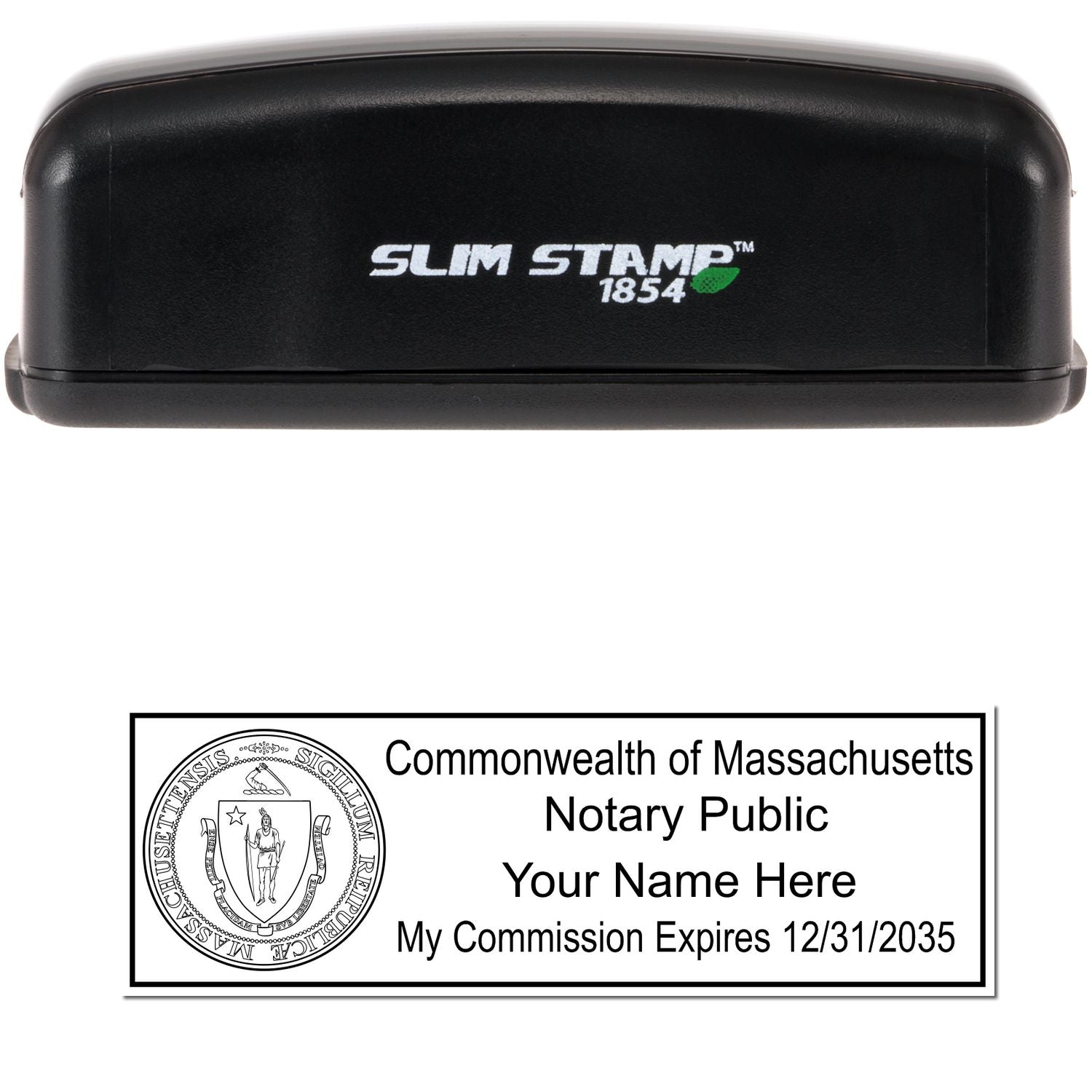 The main image for the Slim Pre-Inked State Seal Notary Stamp for Massachusetts depicting a sample of the imprint and electronic files