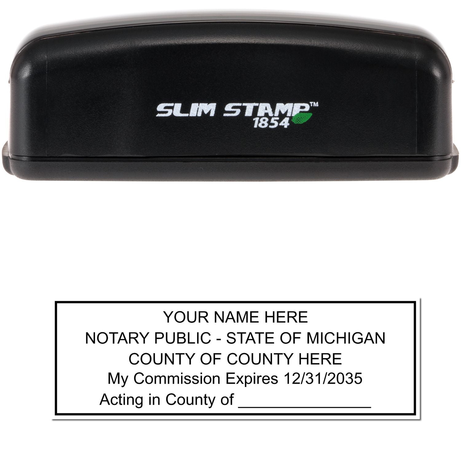 The main image for the Slim Pre-Inked State Seal Notary Stamp for Michigan depicting a sample of the imprint and electronic files