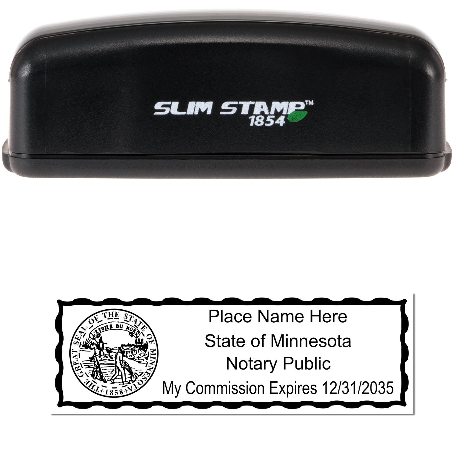 The main image for the Slim Pre-Inked State Seal Notary Stamp for Minnesota depicting a sample of the imprint and electronic files