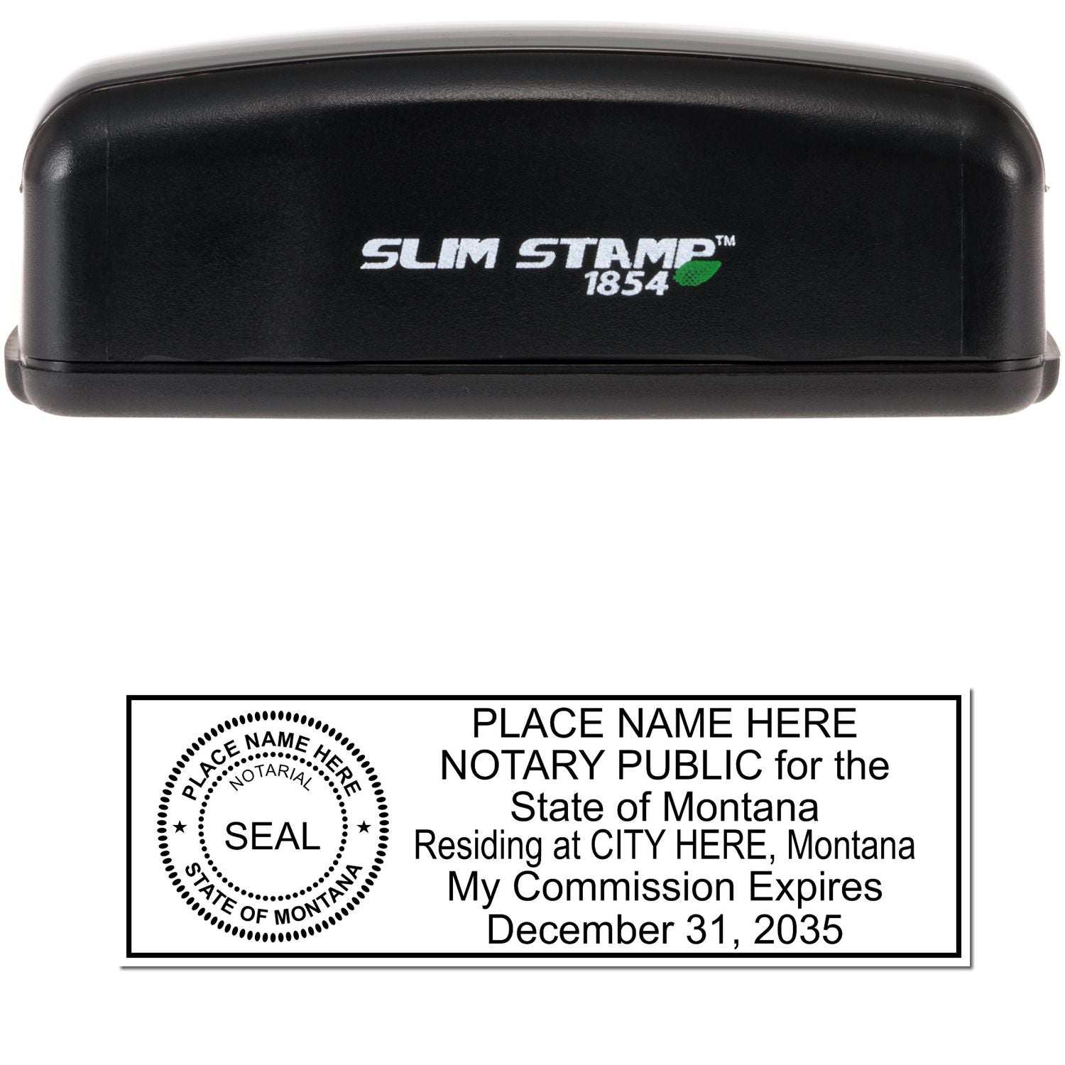 The main image for the Slim Pre-Inked State Seal Notary Stamp for Montana depicting a sample of the imprint and electronic files