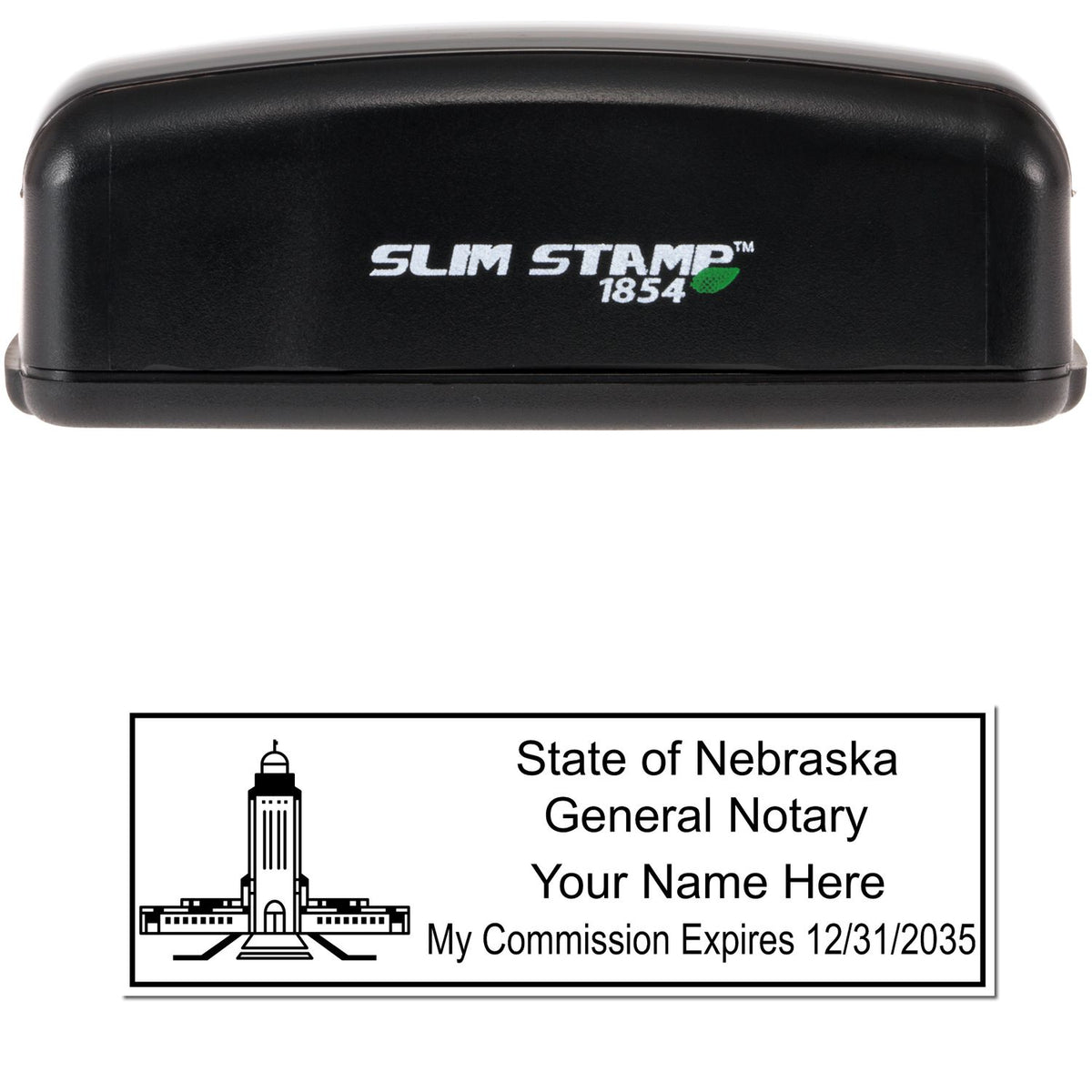 The main image for the Slim Pre-Inked State Seal Notary Stamp for Nebraska depicting a sample of the imprint and electronic files