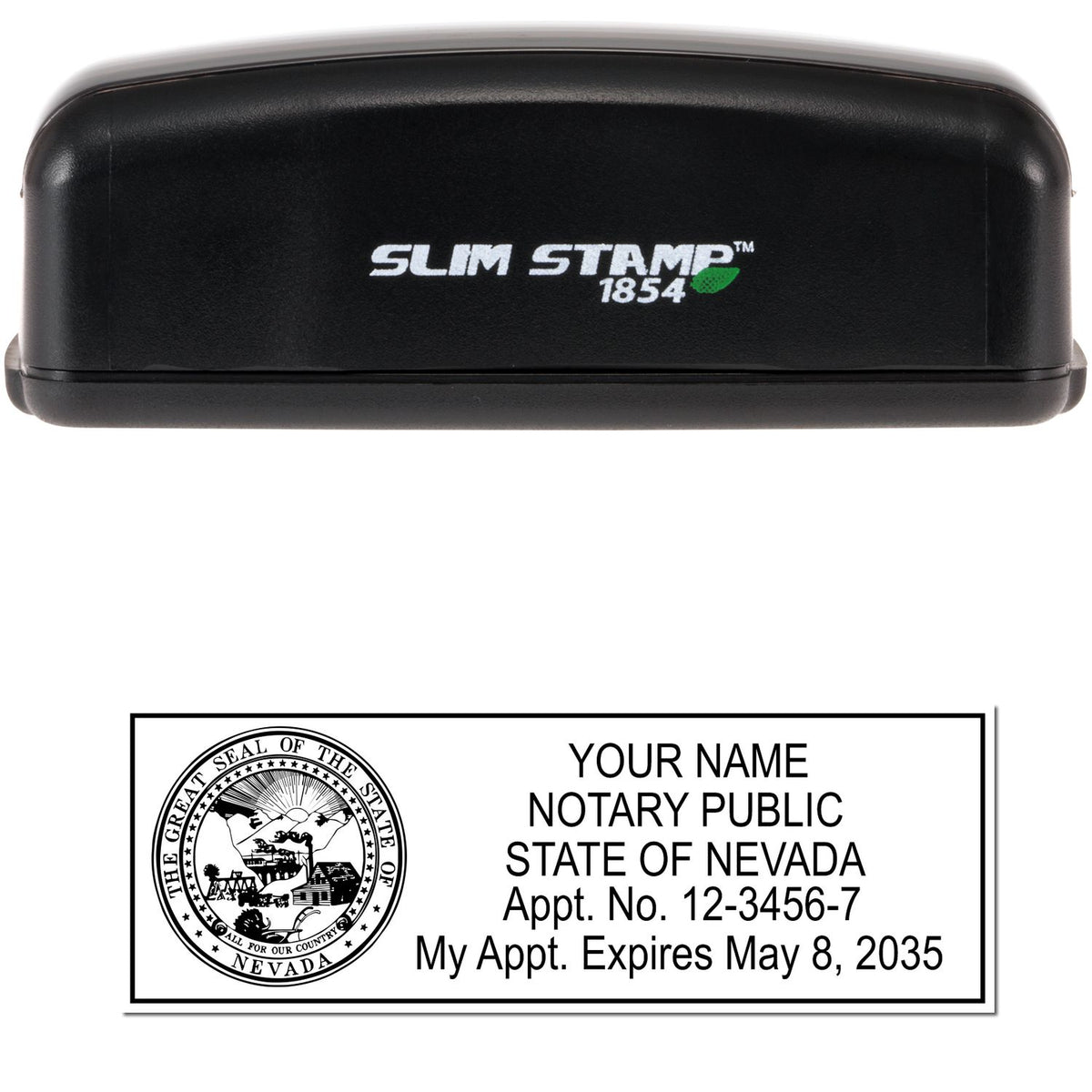 The main image for the Slim Pre-Inked State Seal Notary Stamp for Nevada depicting a sample of the imprint and electronic files