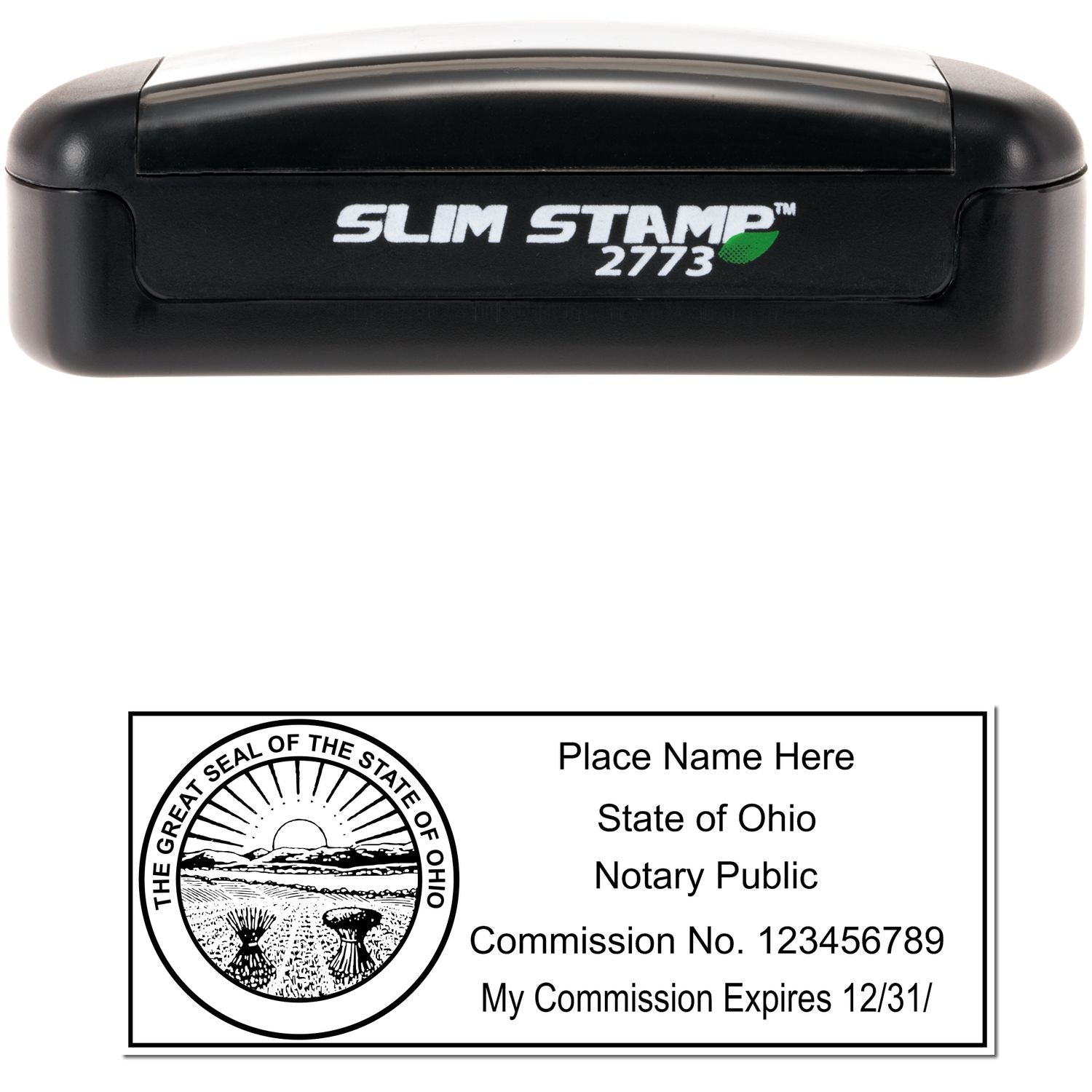 The main image for the Slim Pre-Inked State Seal Notary Stamp for Ohio depicting a sample of the imprint and electronic files