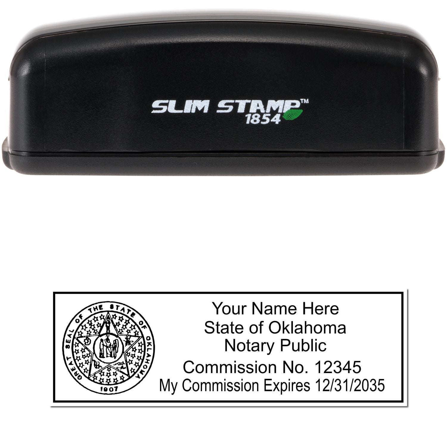 The main image for the Slim Pre-Inked State Seal Notary Stamp for Oklahoma depicting a sample of the imprint and electronic files