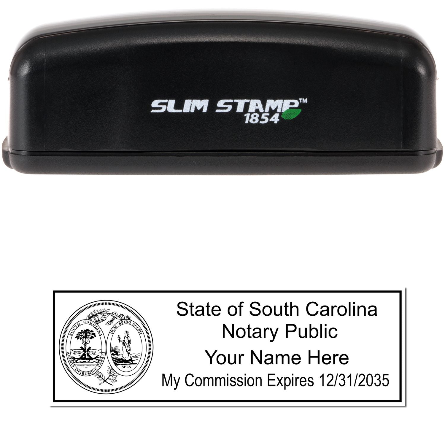 The main image for the Slim Pre-Inked State Seal Notary Stamp for South Carolina depicting a sample of the imprint and electronic files