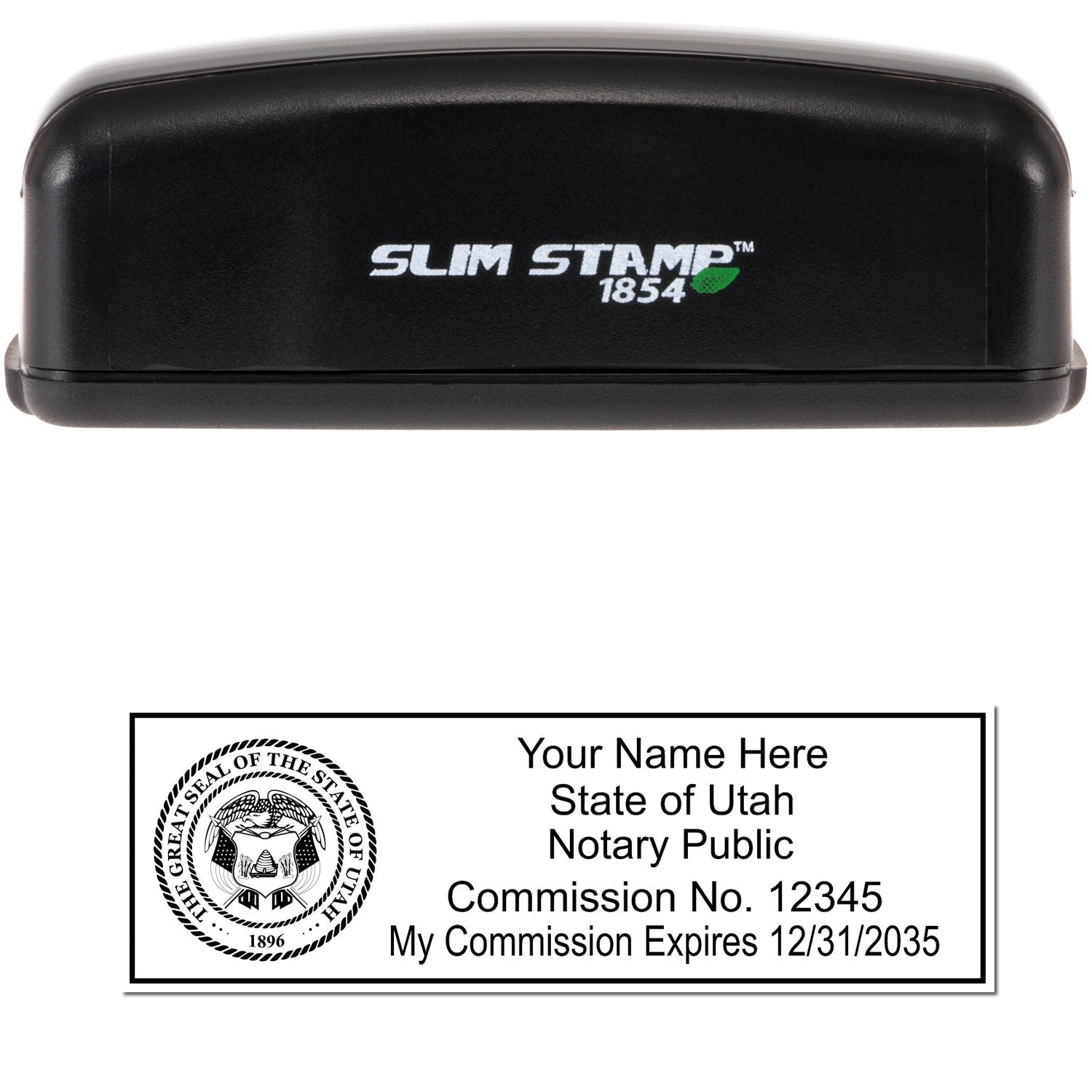 The main image for the Slim Pre-Inked State Seal Notary Stamp for Utah depicting a sample of the imprint and electronic files