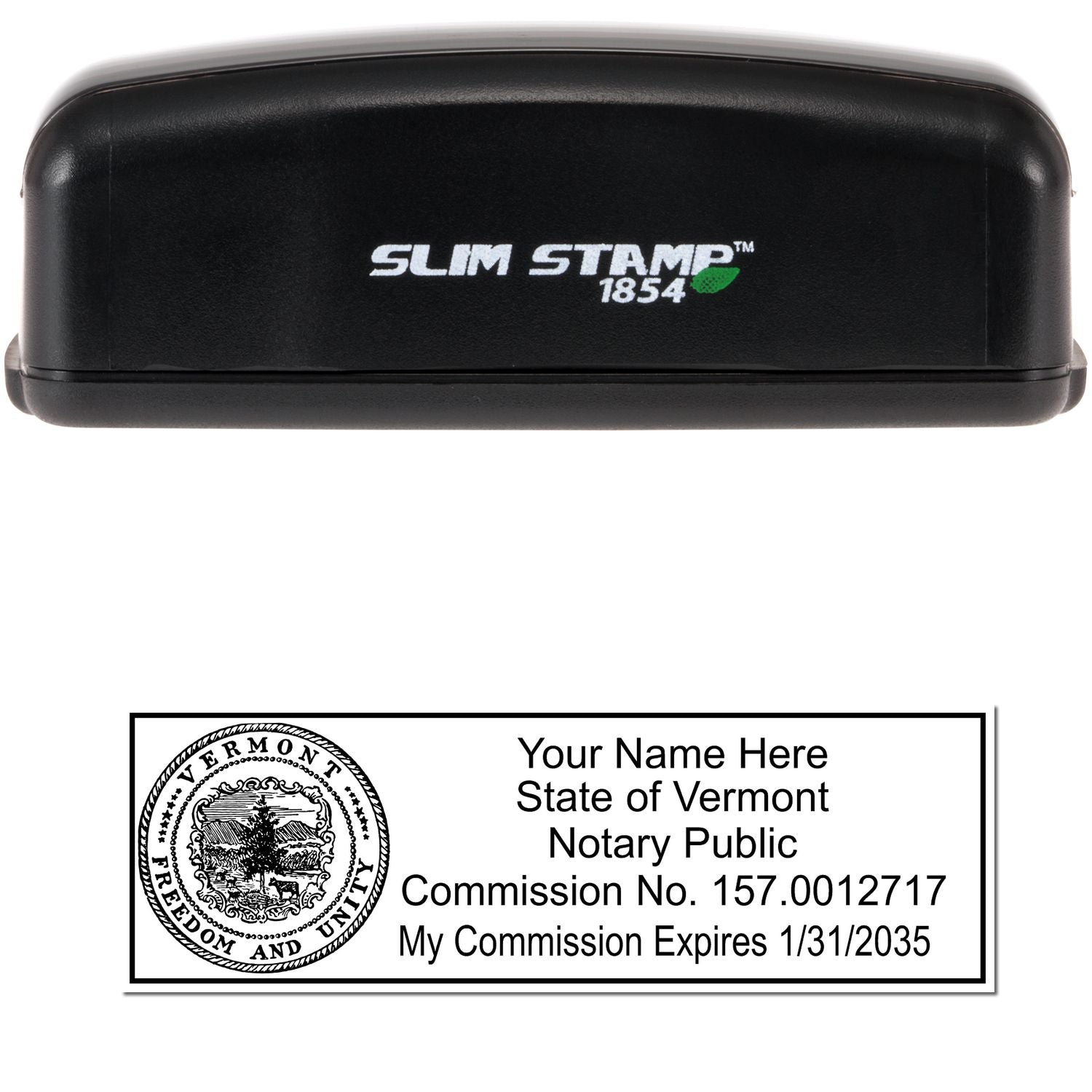 The main image for the Slim Pre-Inked State Seal Notary Stamp for Vermont depicting a sample of the imprint and electronic files
