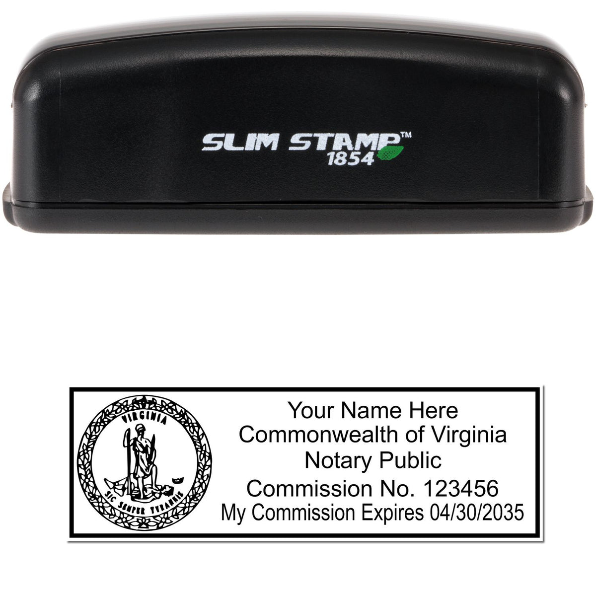 The main image for the Slim Pre-Inked State Seal Notary Stamp for Virginia depicting a sample of the imprint and electronic files