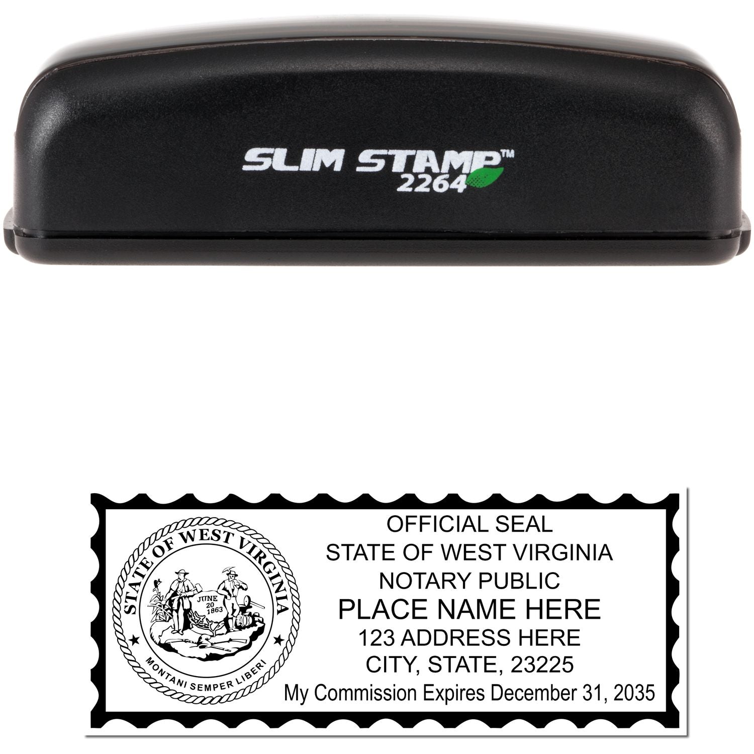 The main image for the Slim Pre-Inked State Seal Notary Stamp for West Virginia depicting a sample of the imprint and electronic files