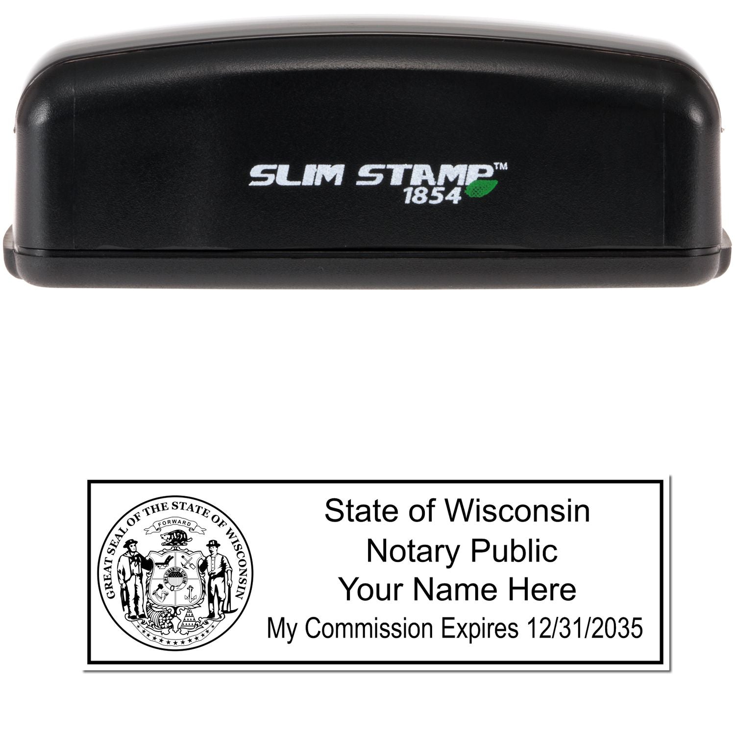 The main image for the Slim Pre-Inked State Seal Notary Stamp for Wisconsin depicting a sample of the imprint and electronic files
