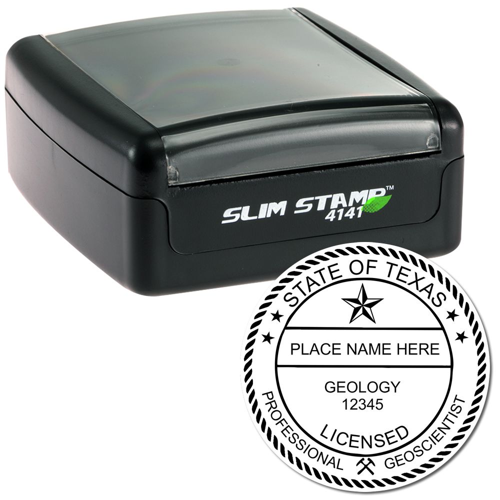 The main image for the Slim Pre-Inked Texas Professional Geologist Seal Stamp depicting a sample of the imprint and imprint sample