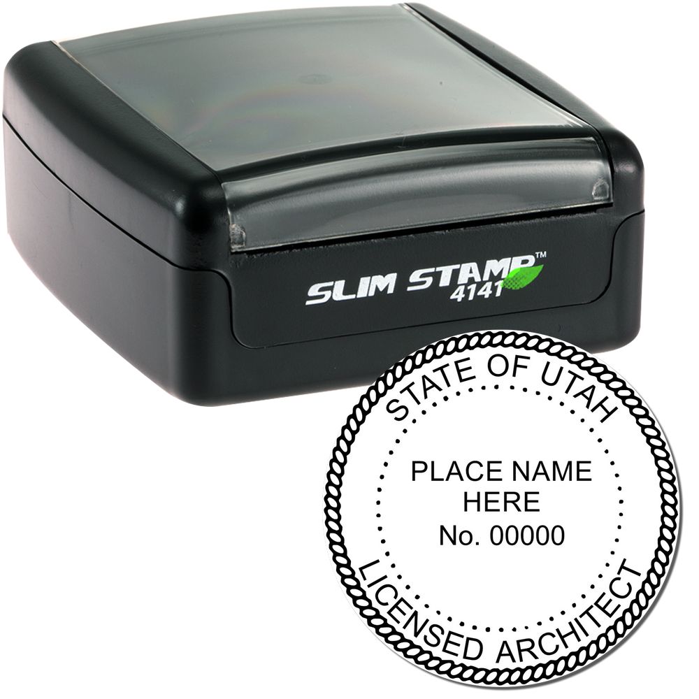 The main image for the Slim Pre-Inked Utah Architect Seal Stamp depicting a sample of the imprint and electronic files