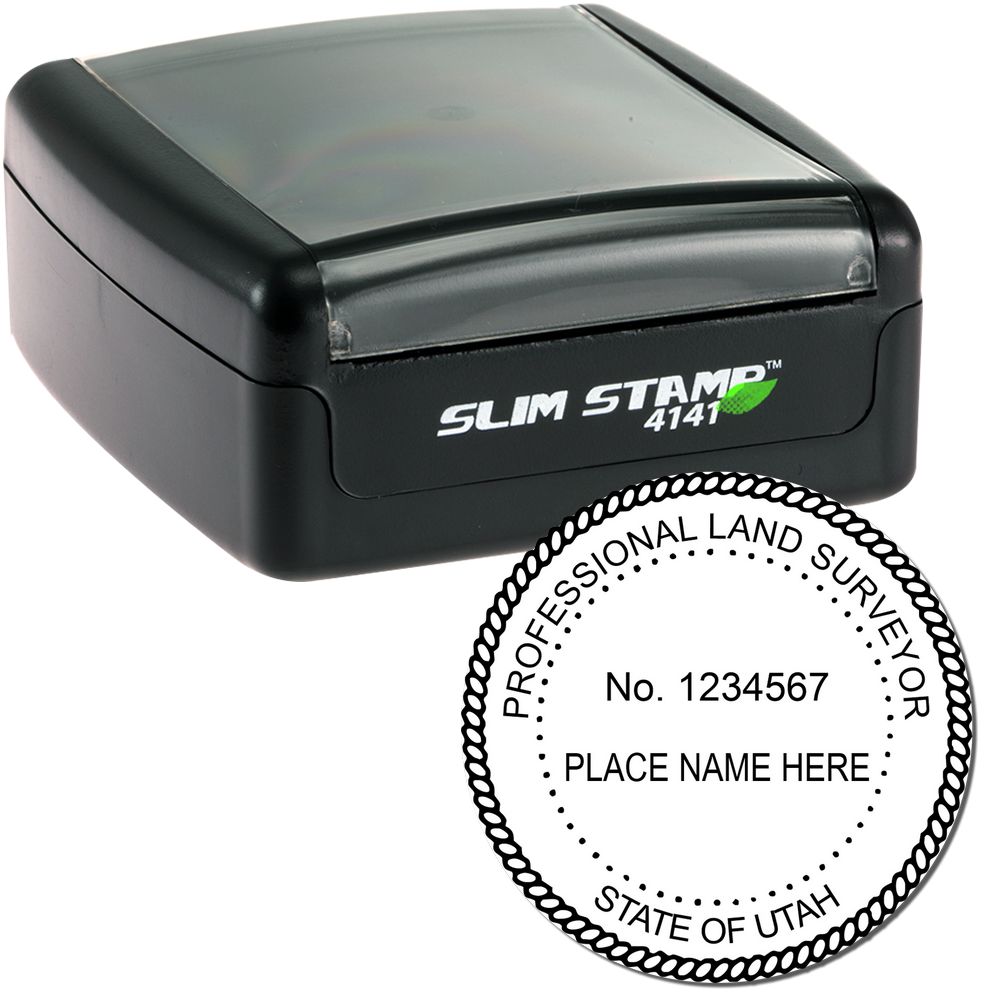 The main image for the Slim Pre-Inked Utah Land Surveyor Seal Stamp depicting a sample of the imprint and electronic files