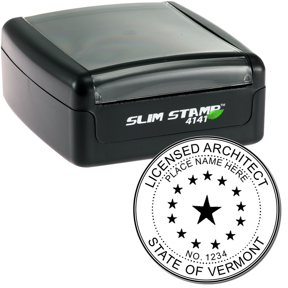 The main image for the Slim Pre-Inked Vermont Architect Seal Stamp depicting a sample of the imprint and electronic files
