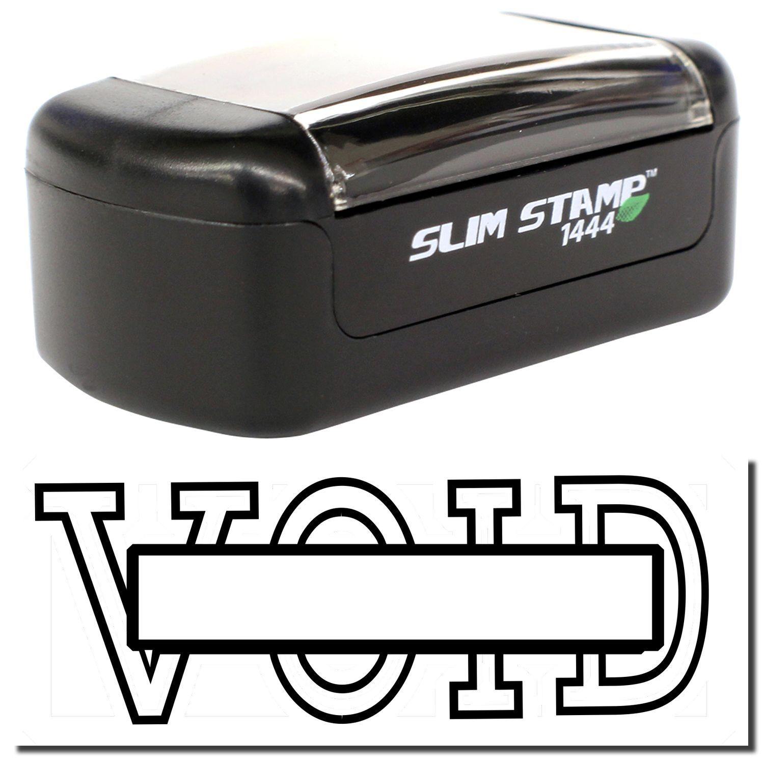 A slim pre-inked stamp with a stamped image showing how the text "VOID" in a large outline font with the box in the center of the text is displayed after stamping.