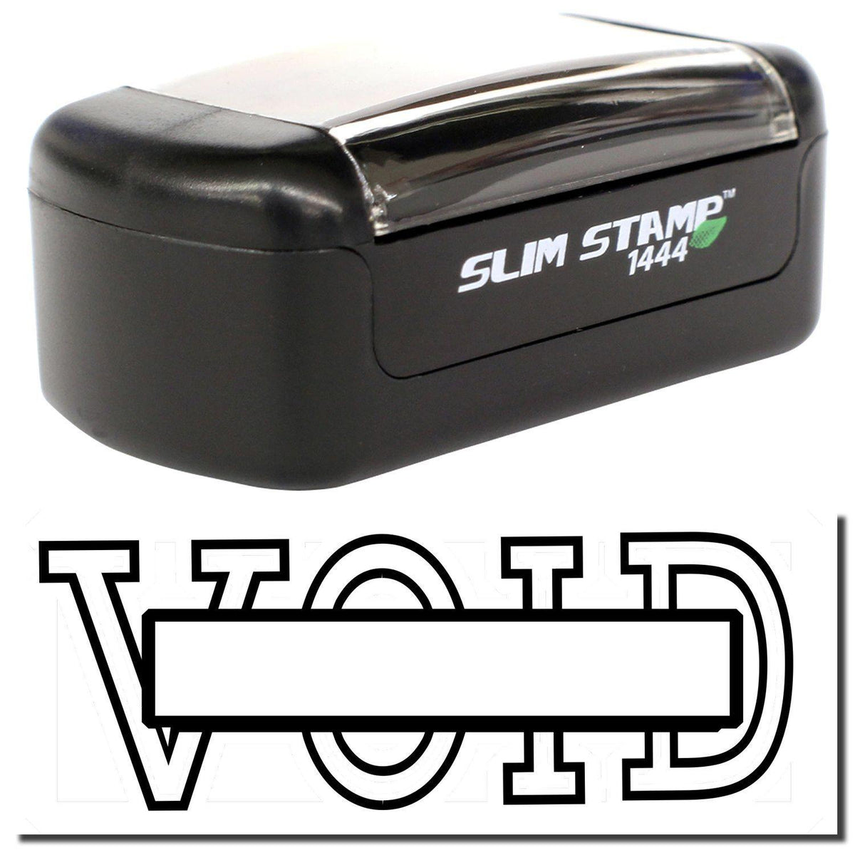 A slim pre-inked stamp with a stamped image showing how the text &quot;VOID&quot; in a large outline font with the box in the center of the text is displayed after stamping.