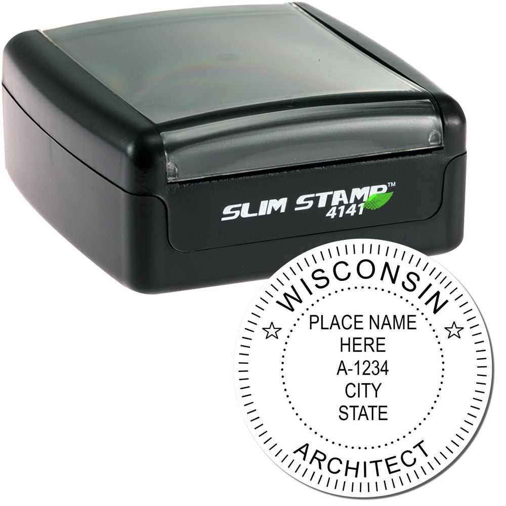The main image for the Slim Pre-Inked Wisconsin Architect Seal Stamp depicting a sample of the imprint and electronic files