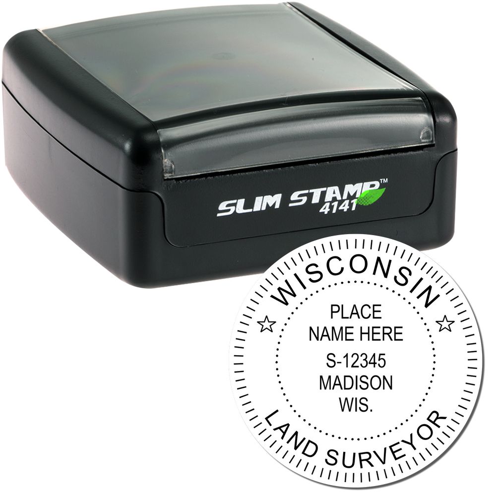 The main image for the Slim Pre-Inked Wisconsin Land Surveyor Seal Stamp depicting a sample of the imprint and electronic files