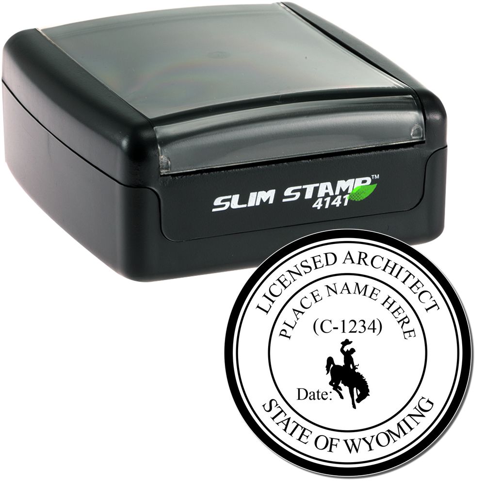 The main image for the Slim Pre-Inked Wyoming Architect Seal Stamp depicting a sample of the imprint and electronic files
