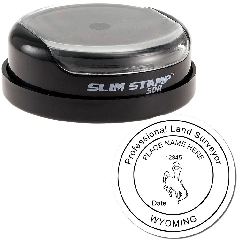 The main image for the Slim Pre-Inked Wyoming Land Surveyor Seal Stamp depicting a sample of the imprint and electronic files