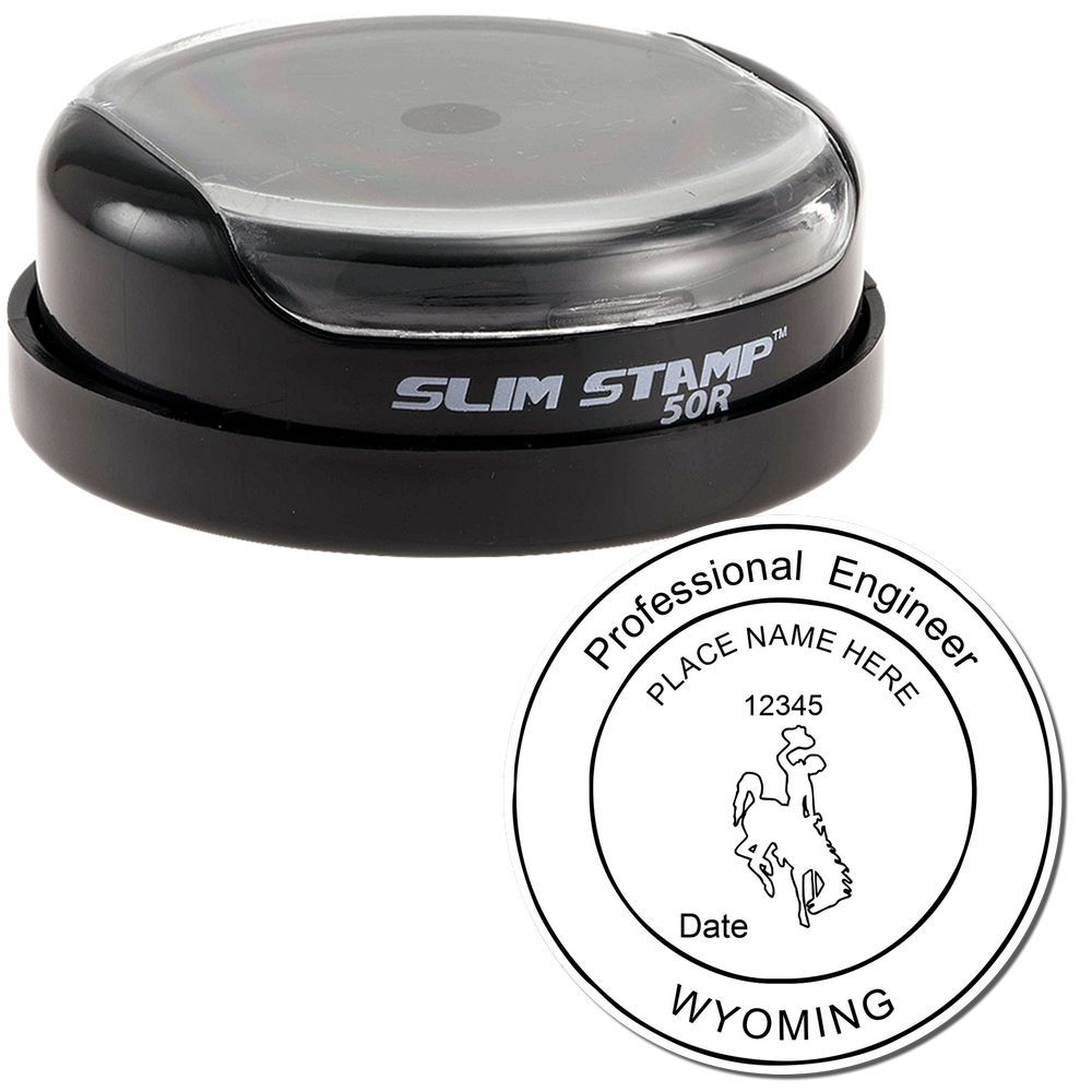 The main image for the Slim Pre-Inked Wyoming Professional Engineer Seal Stamp depicting a sample of the imprint and electronic files