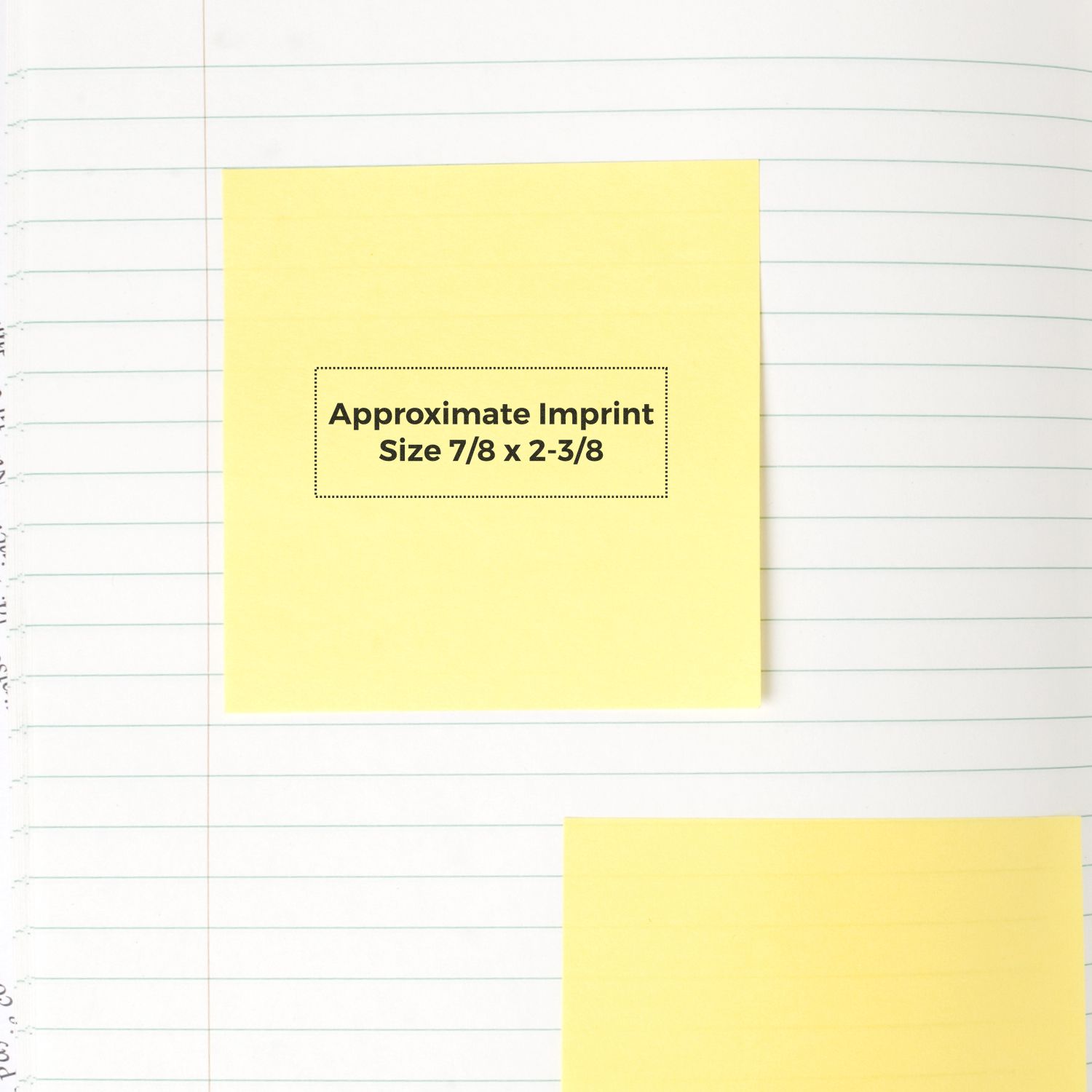 Slim Stamp 1854 Customized Pre-Inked Stamp 11/16 x 2-1/8 on a lined notebook with yellow sticky notes showing approximate imprint size.