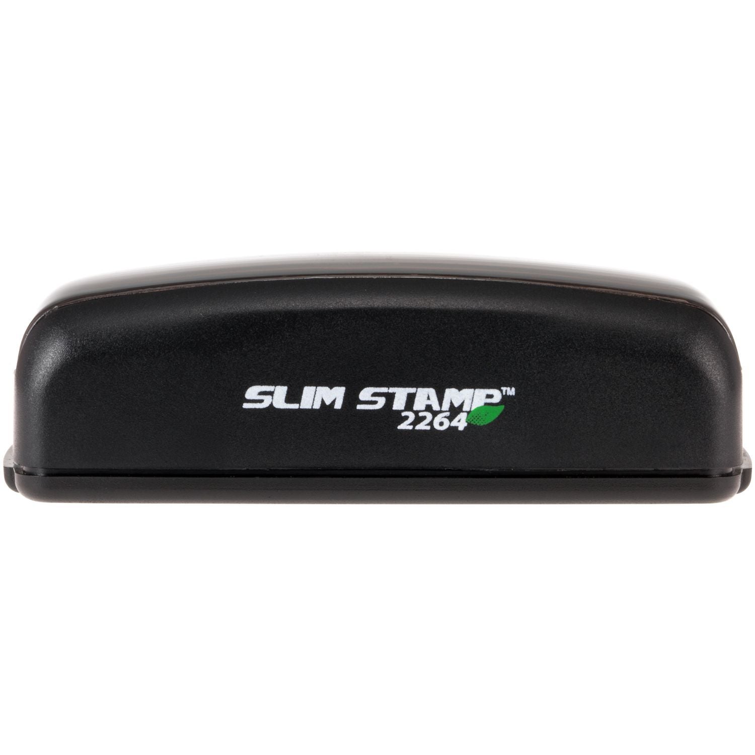 Black Super Slim 2564 Customized Pre-Inked Stamp 1 x 2-3/8 with white text on the front, compact and sleek design.