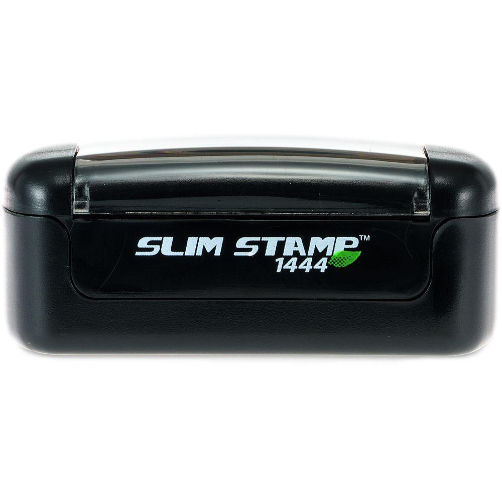 Slim Pre-Inked Air Mail Par Avion Stamp 1444, black compact design with a clear lid, suitable for efficient and clean stamping.