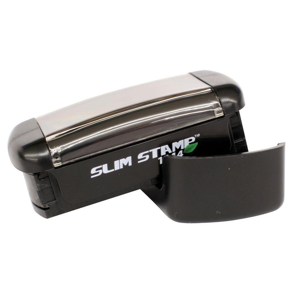 Slim Pre-Inked Completed Stamp with a black casing and a transparent cover, partially opened to reveal the stamp pad.