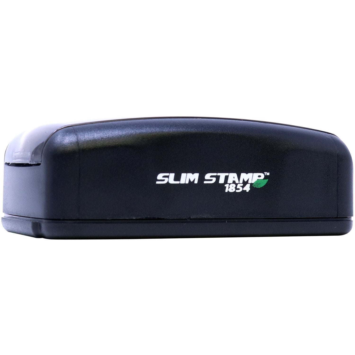 Slim Stamp 1854 Customized Pre-Inked Stamp 11/16 x 2-1/8 in black, shown from a front angle, compact and ready for use.