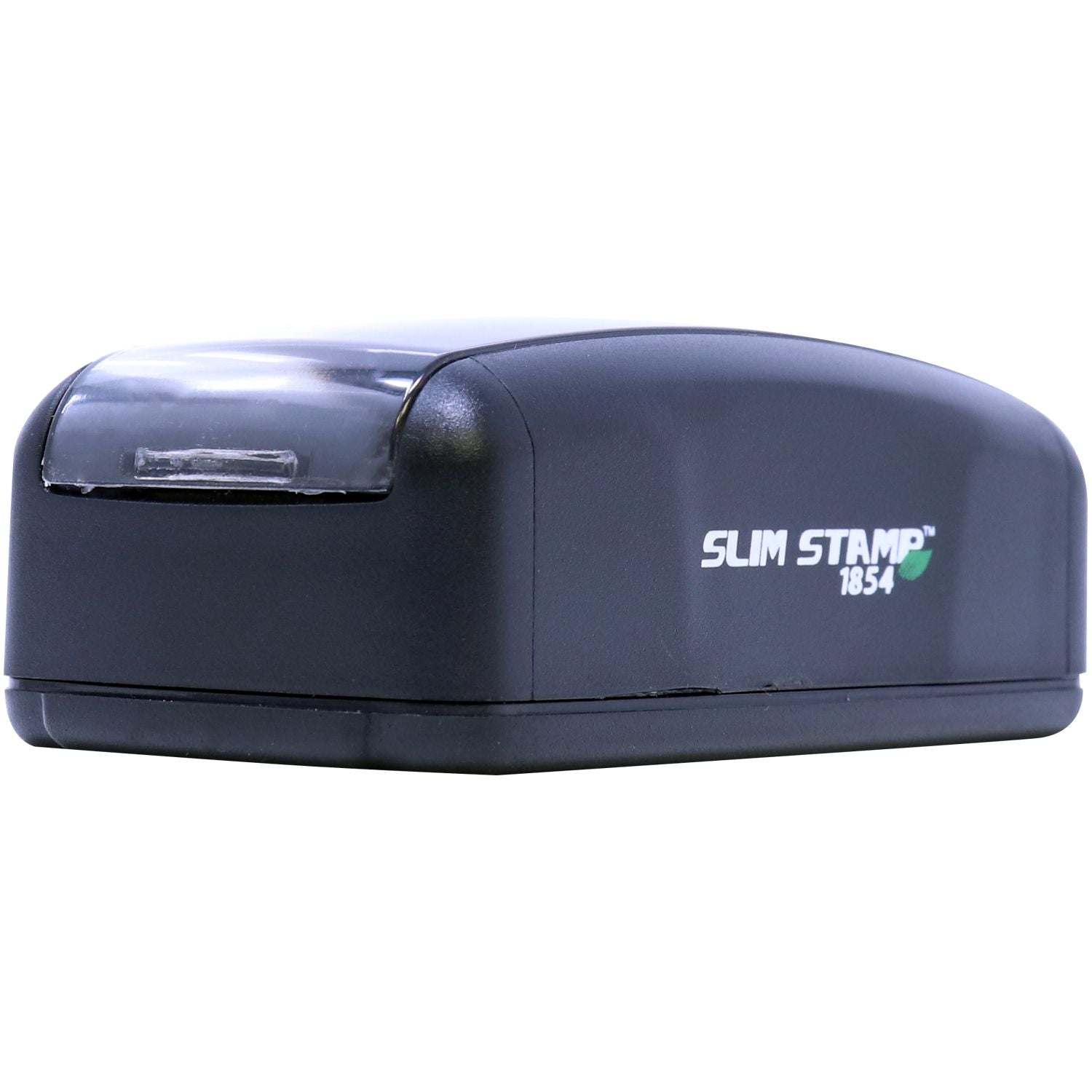 Slim Pre-Inked Notary Acknowledgment Stamp in black, compact design with clear cover, product name Slim Stamp 1854 visible on the side.