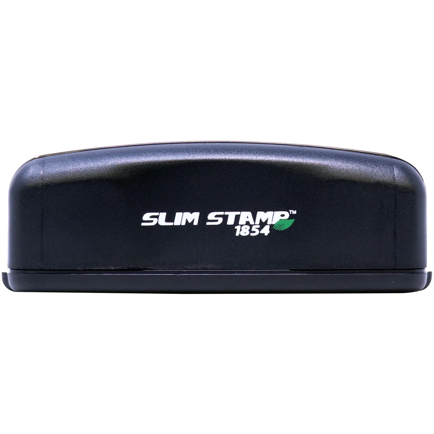 Slim Pre-Inked Notary Acknowledgment Stamp in black with Slim Stamp 1854 text on the front, compact and ready for notary use.