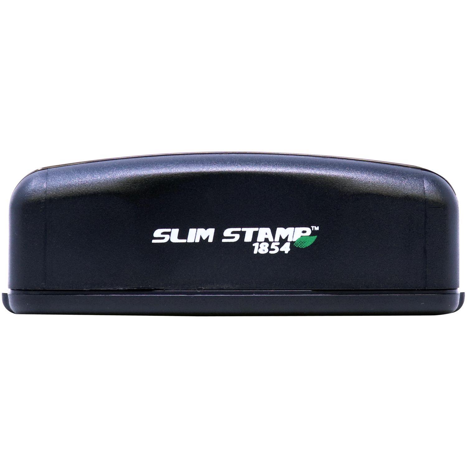 Slim Pre-Inked Preliminary Stamp, black casing, rectangular shape, with SLIM STAMP 1854 text and green leaf logo on the front.