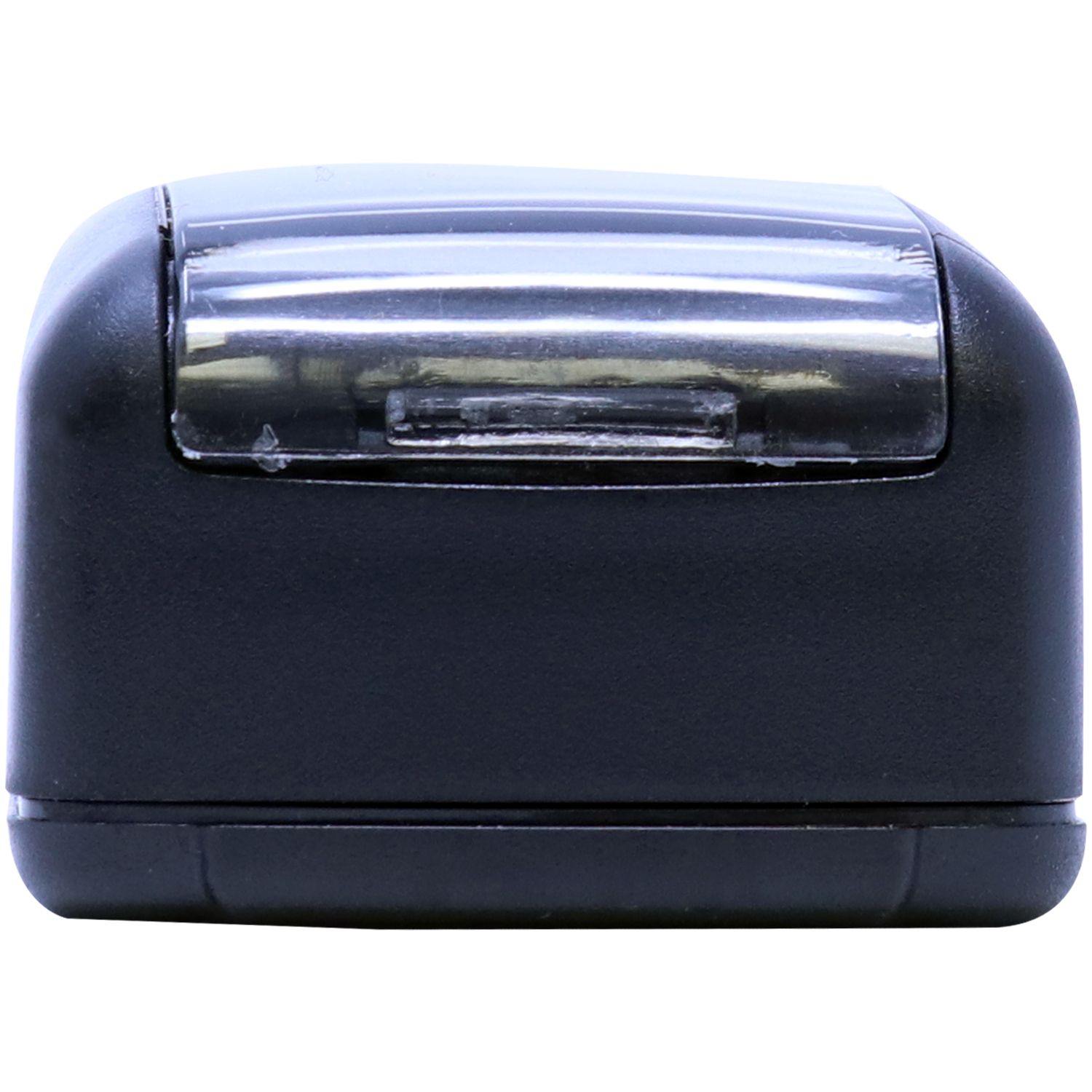 Slim Pre-Inked Progress Stamp in black, side view, showing compact and sleek design with a transparent cover on top.