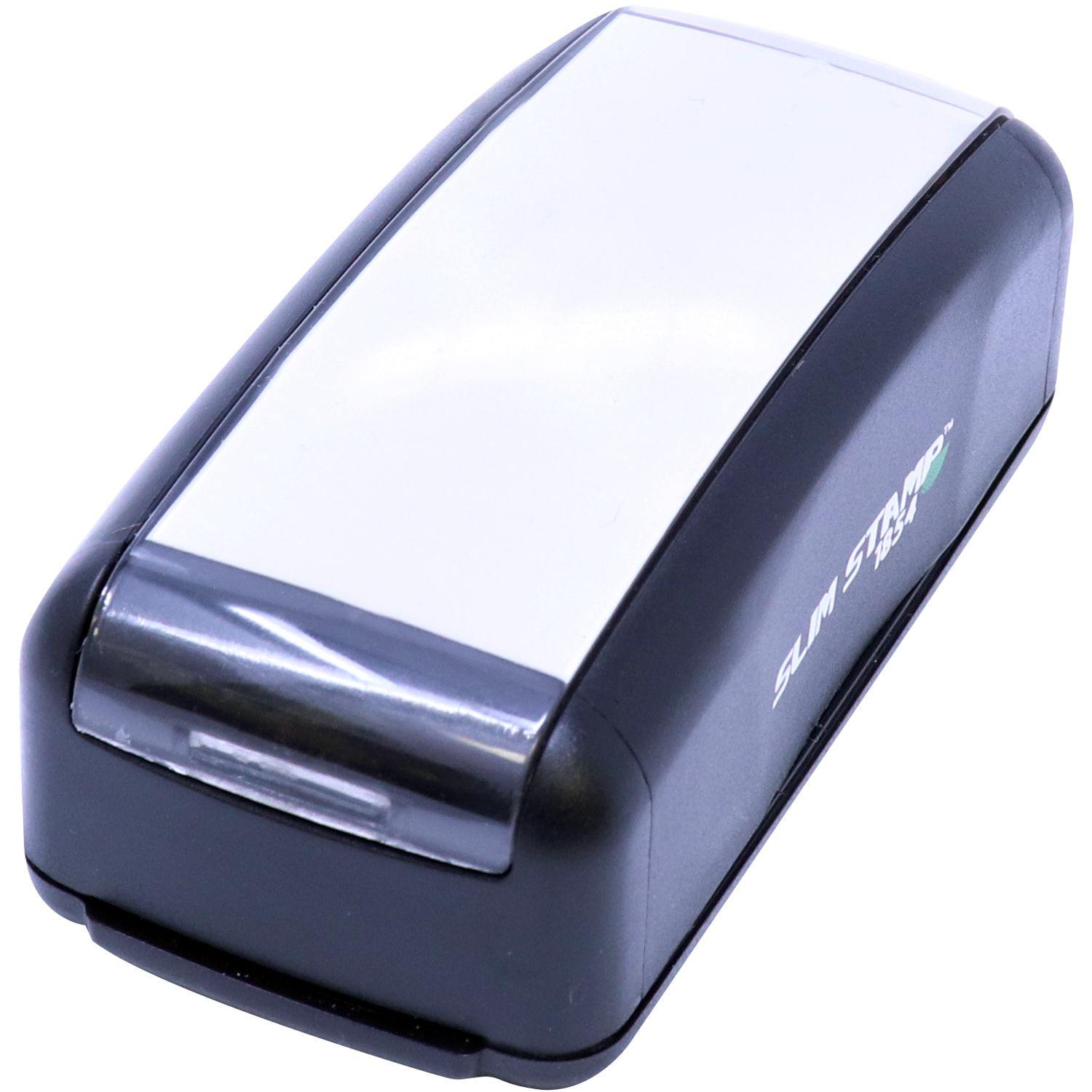 Slim Pre-Inked Superceded Stamp in black with a white top, compact design, and Slim Stamp branding on the side.