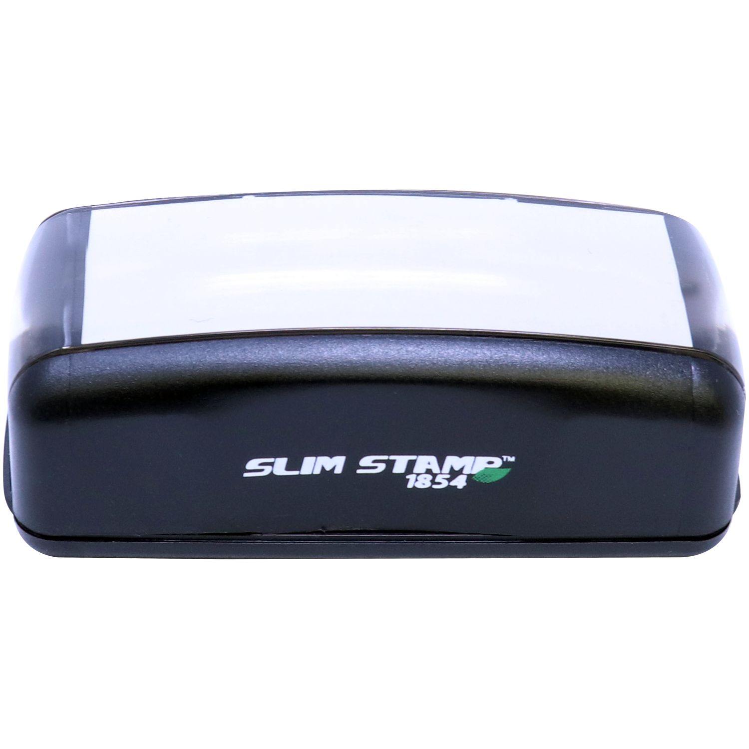 Slim Pre-Inked Preliminary Stamp, black with a white label on top, compact design, and Slim Stamp 1854 branding on the front.