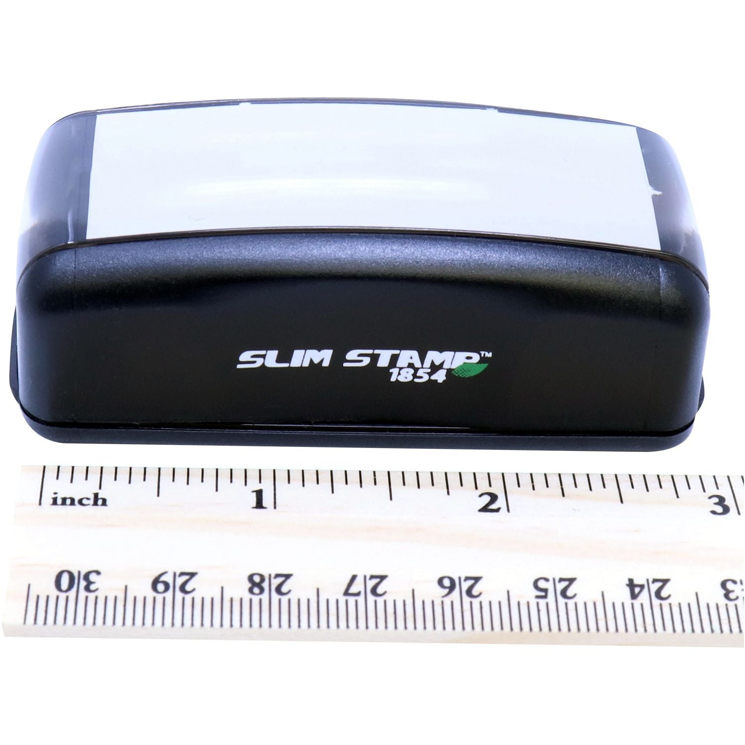 Slim Pre-Inked Notary Acknowledgment Stamp in black, placed next to a ruler for size reference.