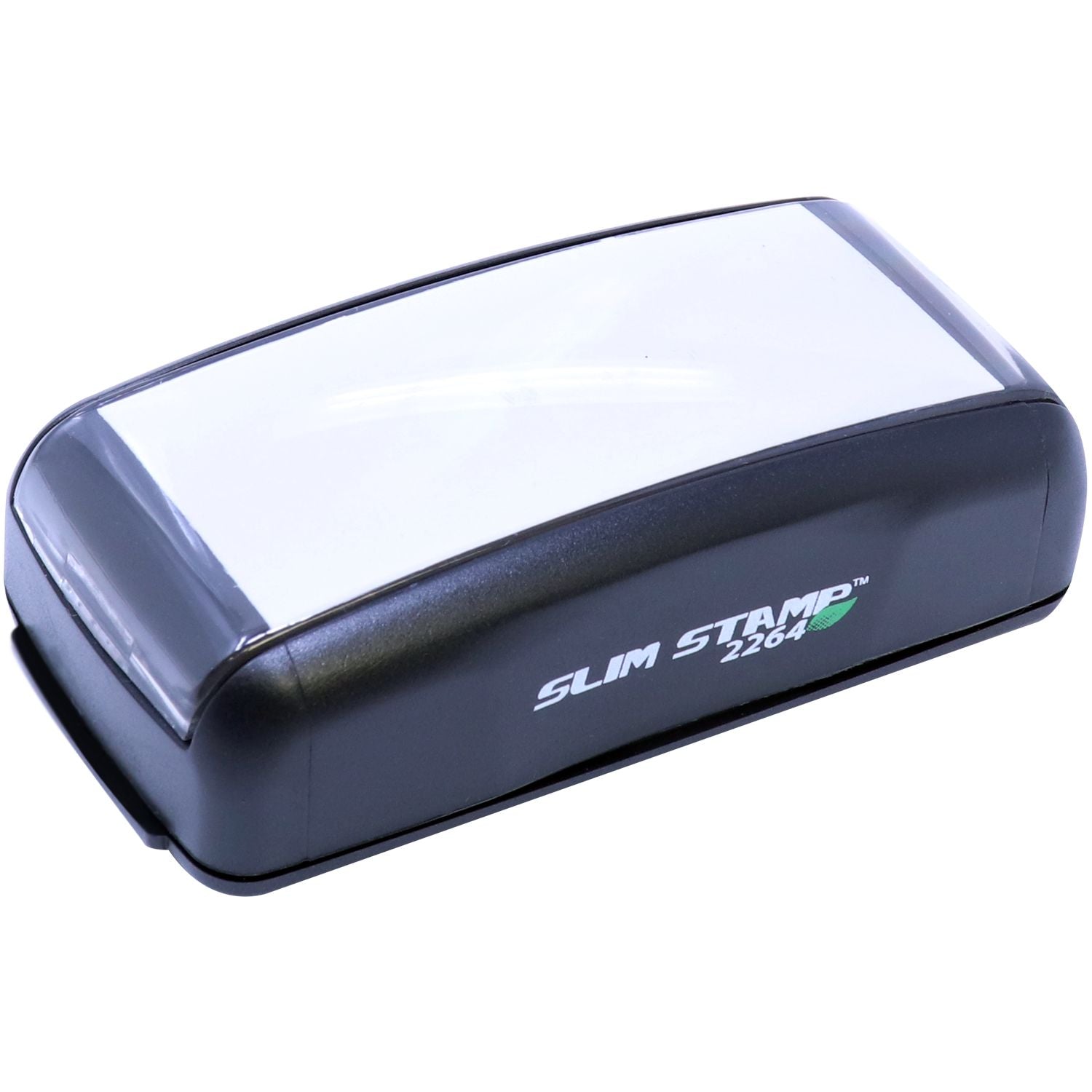 Slim Stamp 2264 Customized Pre-Inked Stamp 13/16 x 2-1/2, shown from a top-front angle, with a sleek black and white design.