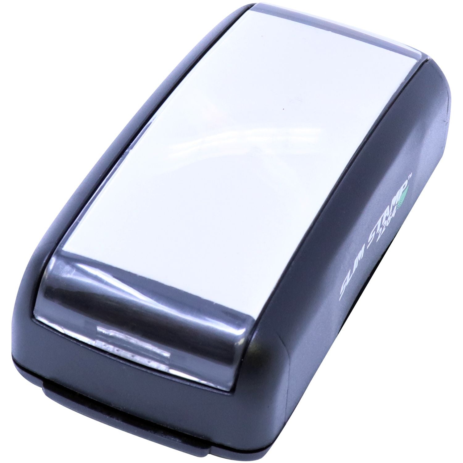 Slim Pre-Inked Stamp Identification Notary Stamp with a sleek black and white design, shown from a top-front-side angle.