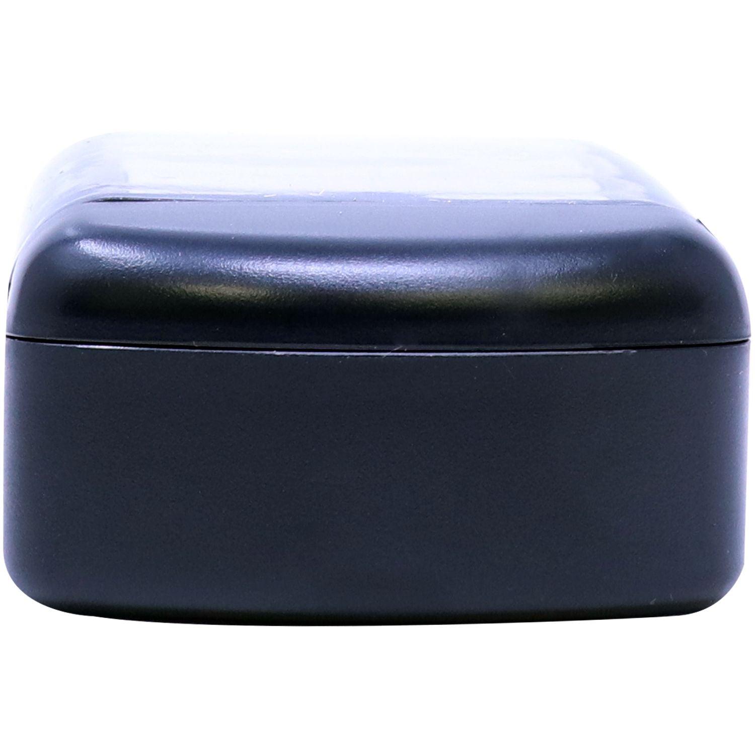 Black Slim Pre-Inked Notary Jurat Stamp with a compact, rectangular design, shown from the side against a white background.