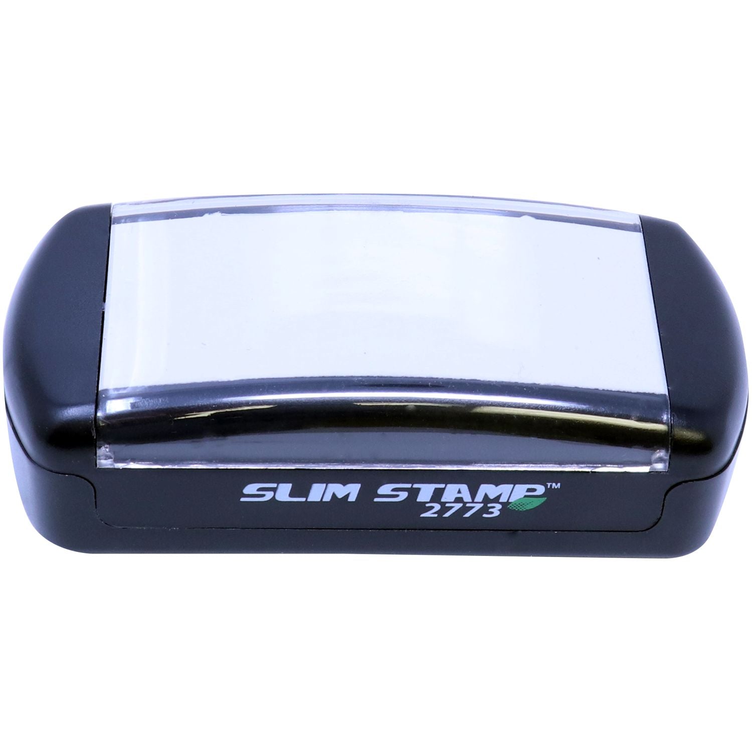 Slim Pre-Inked Notary Jurat Stamp with a black casing and clear top, displaying the text SLIM STAMP 2773 on the front.