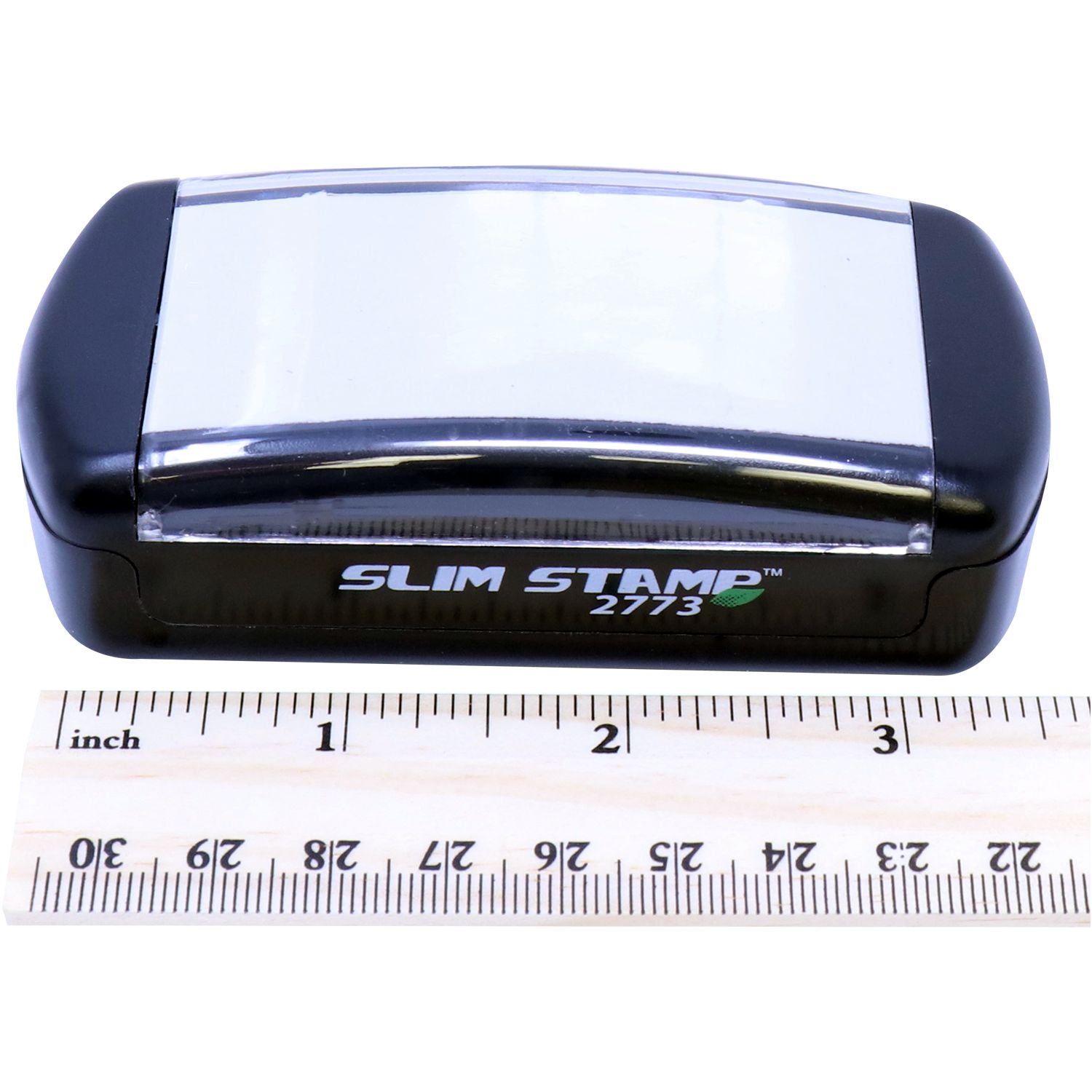 Slim Pre-Inked Certified Copy Stamp with a clear cover, black casing, and a ruler for scale, showing the compact size of the stamp.