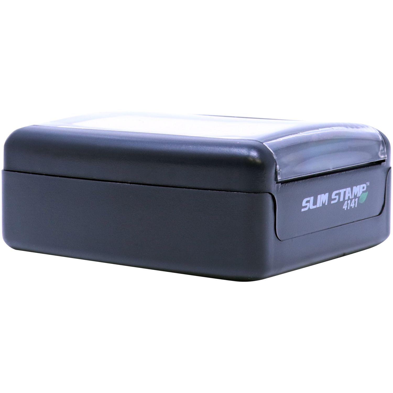 Land Surveyor Slim Pre-Inked Rubber Stamp of Seal, black rectangular stamp with Slim Stamp 4141 text on the side, compact and portable.