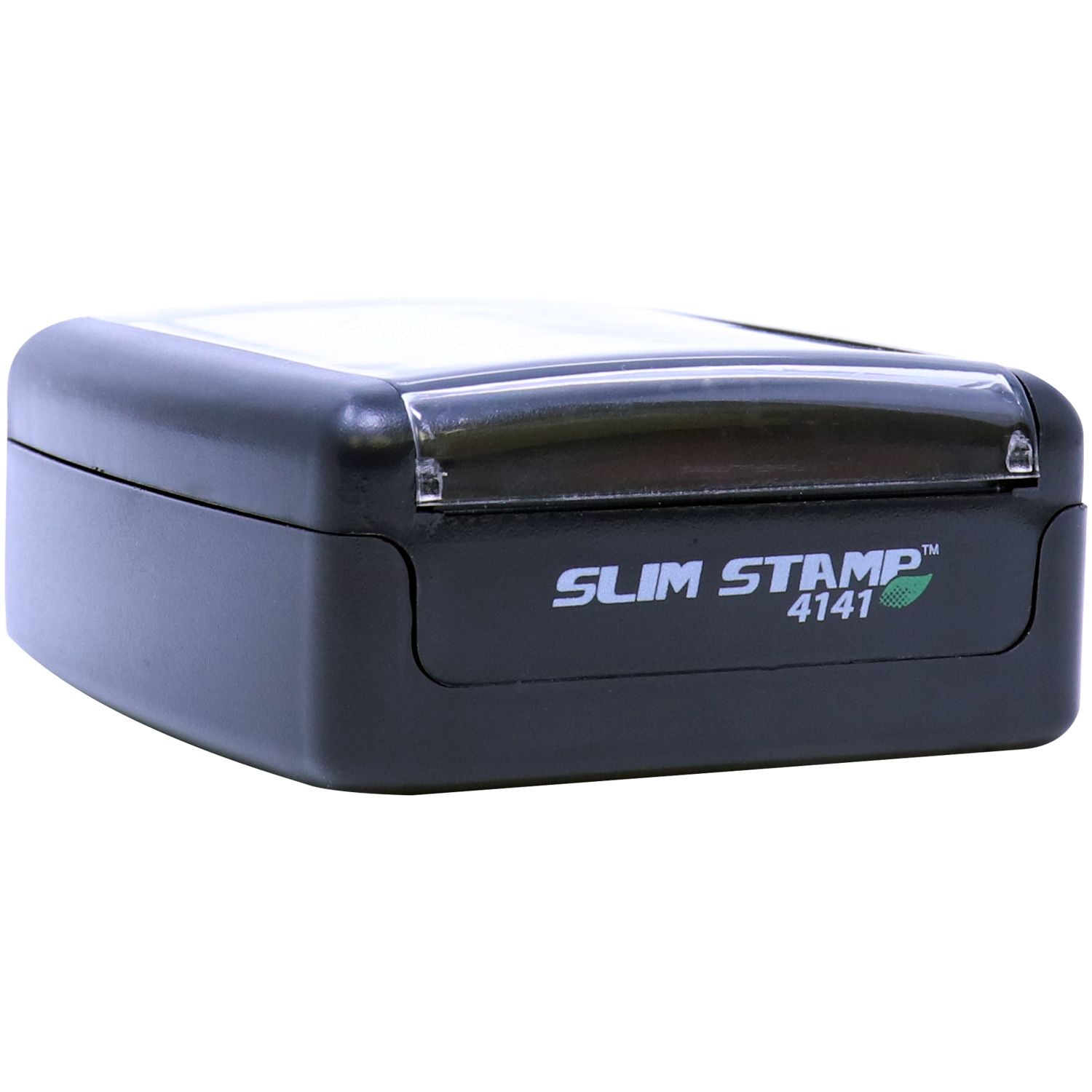 Slim Stamp 4141 Customized Pre-Inked Stamp 1-5/8 x 1-5/8 in black casing, shown from a front angle with a clear cover.